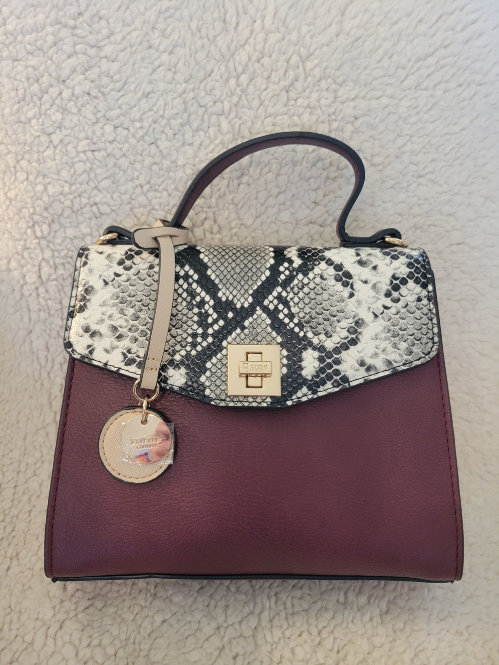 NWOT Dune London Burgundy Purse with Black-and-White Python-Print Flap